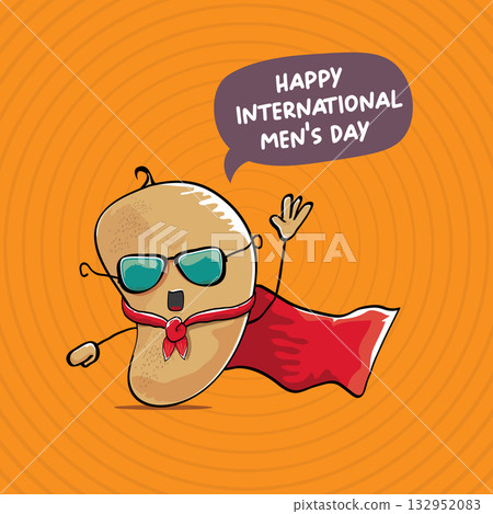 International mens day vector cartoon greeting card with funny cartoon cute brown super hero potato with red hero cape and mask on orange pattern background. Celebrating Men and Boys square banner 132952083