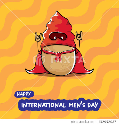International mens day vector cartoon greeting card with funny cartoon cute brown super hero potato with red hero cape and mask on orange pattern background. Celebrating Men and Boys square banner 132952087