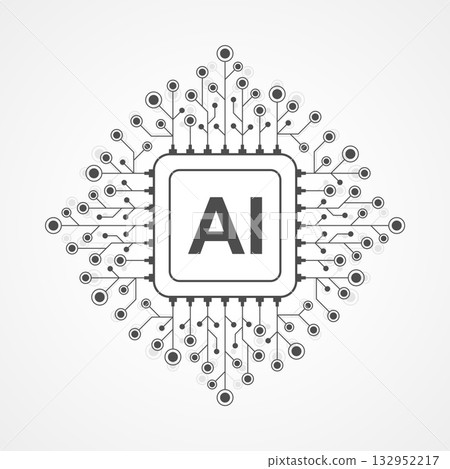 Artificial intelligence logo, chip, icon, sign in the flat line design style. Digital circuit board concept technology artwork for poster, cover, web banner, card. AI futuristic vector. Artificial intelligence logo, chip, icon, sign in the flat line design style. Digital circuit board concept technology artwork for poster, cover, web banner, card. AI futuristic vector. 132952217