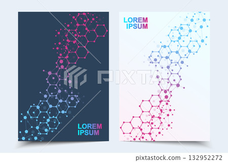 Modern templates for brochure magazine leaflet flyer cover booklet annual report. Modern futuristic hexagonal pattern with particle, molecule structure for medical, technology, chemistry, science. Modern templates for brochure magazine leaflet flyer cover booklet annual report. Modern futuristic hexagonal pattern with particle, molecule structure for medical, technology, chemistry, science. 132952272