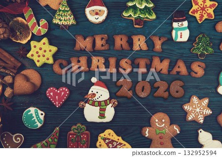 Merry Christmas 2026 Greeting with Festive Cookies 132952594