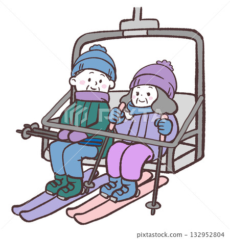圖：老年男女乘坐滑雪纜車 132952804