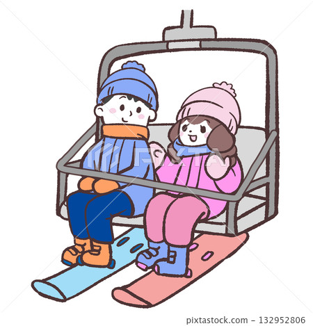 Illustration of a man and woman riding a lift on a snowboard 132952806