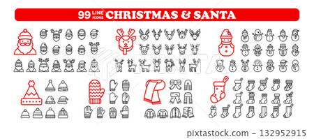Christmas line icon set, Santa and winter holiday outline vector pack. 99 minimal black elements isolated on transparent background. 132952915