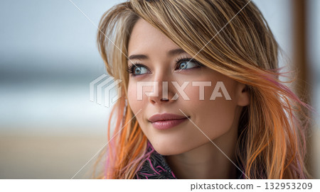 Young woman with playful hair color enjoying a serene moment by the beach during early morning light 132953209