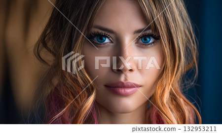 Bright blue eyes and colorful hair create a striking portrait in soft light indoors Bright blue eyes and colorful hair create a striking portrait in soft light indoors 132953211