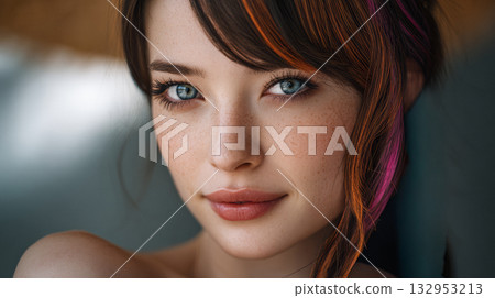 Young woman with vibrant hair color and striking blue eyes poses warmly for a close-up portrait in a natural light setting 132953213