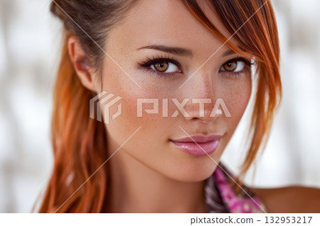 Beautiful woman with orange hair and freckles posing warmly in soft lighting indoors 132953217