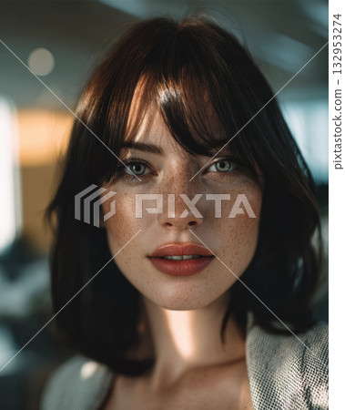 Young woman with freckled skin and dark hair poses softly in a bright indoor setting during daylight hours 132953274