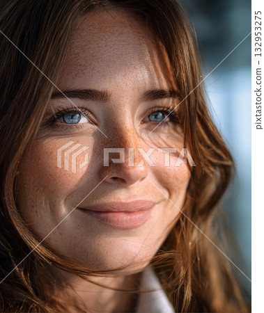 Bright smile of a young woman with blue eyes and long hair illuminated by soft sunlight in a cozy indoor space 132953275