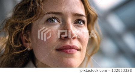 Woman with curly hair gazing thoughtfully in a modern urban setting during daylight hours Woman with curly hair gazing thoughtfully in a modern urban setting during daylight hours 132953328