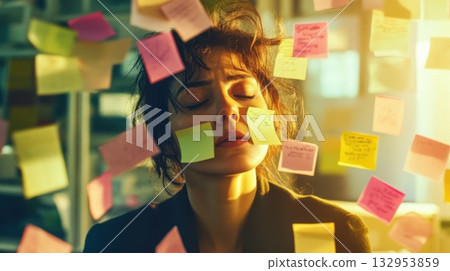 overwhelmed woman with sticky notes overwhelmed woman with sticky notes 132953859