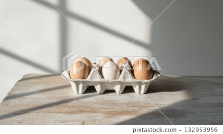 fresh eggs in carton on wooden table 132953956