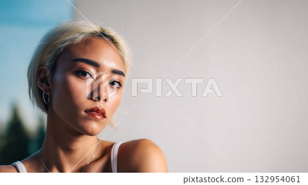 Portrait of a young woman with blonde hair posing against a light background during the golden hour 132954061