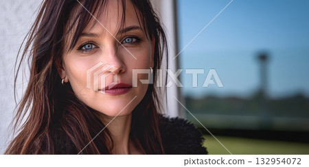 Woman with striking blue eyes standing outdoors near a modern building in bright daylight 132954072