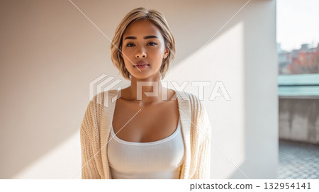 Young woman poses confidently indoors while wearing a cozy cardigan and a fitted top near a sunny window in the late morning 132954141