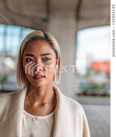 Young woman with short blonde hair in a modern urban setting during the daytime Young woman with short blonde hair in a modern urban setting during the daytime 132954148