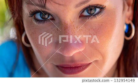 Young woman with striking green eyes and freckles enjoys sunny day in outdoor setting 132954149