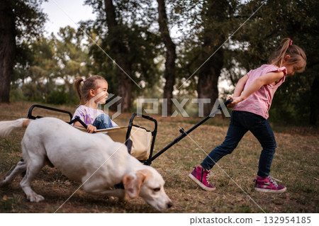 Two little sisters pulling their dog and twin sister in a cart 132954185