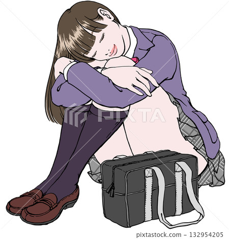 一位微笑的高中女生閉著眼睛坐在地板上──沒有影子 一位微笑的高中女生閉著眼睛坐在地板上──沒有影子 132954205