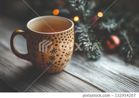 Cup of tea with Christmas tree branch on wooden background cozy festive holiday concept 132954207