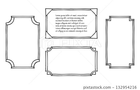 Frame outline set. Hand drawn decorative doodle black ink brush stroke corner, modern marker pen calligraphic freehand grunge line. Rectangle isolated geometric shape background. Vector illustration 132954216
