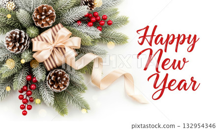 Happy New Year text next to frosted fir branches, pine cones, red berries, and a golden gift box on white background. Happy New Year text next to frosted fir branches, pine cones, red berries, and a golden gift box on white background. 132954346