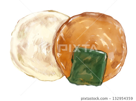 手繪水彩插圖,描繪了美味的白米餅和醬油海苔米餅。 手繪水彩插圖,描繪了美味的白米餅和醬油海苔米餅。 132954359