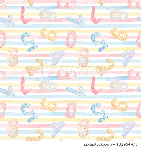 Number watercolor pattern for birthday celebration party, nursery or milestones. Hand-drawn watercolor illustration. 132954475