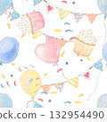 Watercolor birthday baby seamless pattern. Hand drawn cupcake, balloon presents illustrations. Colorful background for packaging, textile, fabric, wallpaper, scrapbook 132954490