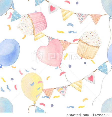 Watercolor birthday baby seamless pattern. Hand drawn cupcake, balloon presents illustrations. Colorful background for packaging, textile, fabric, wallpaper, scrapbook 132954490