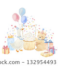 Baby birthday composition with pink, blue and beige elements. Watercolor hand drawn illustrations. Pastel color for kids party 132954493
