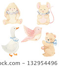 Watercolor baby animals set. Cute bunny, mouse, goose, bird and bear. Hand drawn illustrations for baby shower, birthday parties and nursery 132954496
