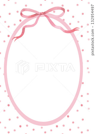 Watercolor hand-drawn frame, pink dots with ribbons and bow. Fairytale illustration for baby girl. Template card for design baby shower, birthday, girls's parties and nursery 132954497