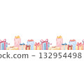 Seamless border with pink, blue and beige presents. Watercolor hand drawn illustrations. Pastel color for baby party 132954498