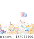 Baby birthday seamless border with pink, blue and beige presents. Watercolor hand drawn illustrations. Pastel color for kids party 132954499