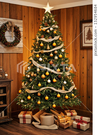 Decorated rustic Christmas tree 132954684