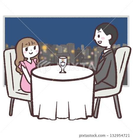 Illustration of a couple dining in a restaurant with a beautiful night view 132954721