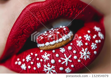 Close up of beautiful woman's lips with red manicure holding gingerbread cookie festive holiday concept 132954979