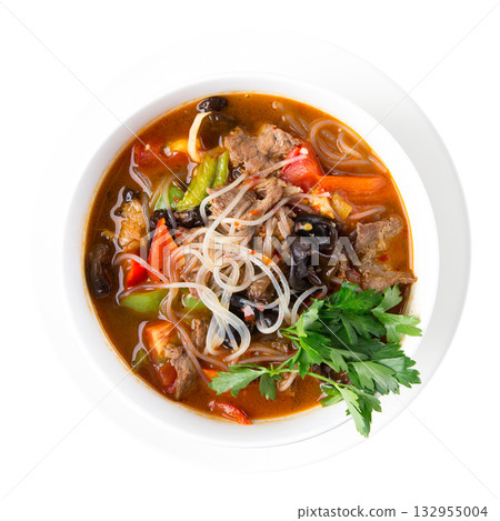 Isolated dungan lagman soup with beef and noodles Isolated dungan lagman soup with beef and noodles 132955004