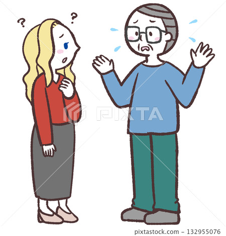 一位老年男子不善於與白人女性交談的插圖 一位老年男子不善於與白人女性交談的插圖 132955076