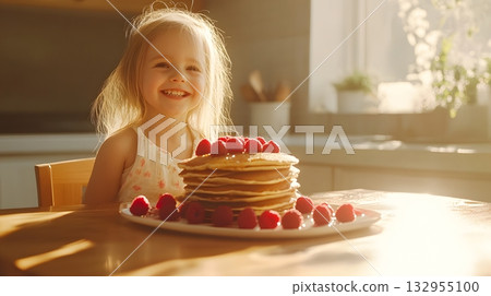 Happy Little Girl with a Stack of Pancakes Happy Little Girl with a Stack of Pancakes 132955100