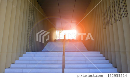 Modern architectural design of an exterior staircase with elegant features in a modern apartment estate. Modern architectural design of an exterior staircase with elegant features in a modern apartment estate. 132955214