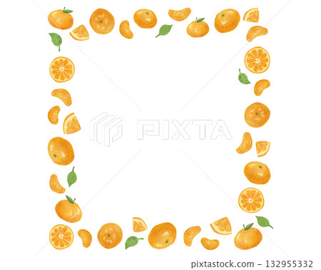 水彩風格的橘子和橘子方形畫框素材 | 冬季海報，季節性設計，食物，水果圖片 132955332