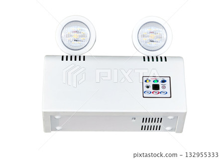 Lower view of white emergency lighting unit isolated with clipping path 132955333