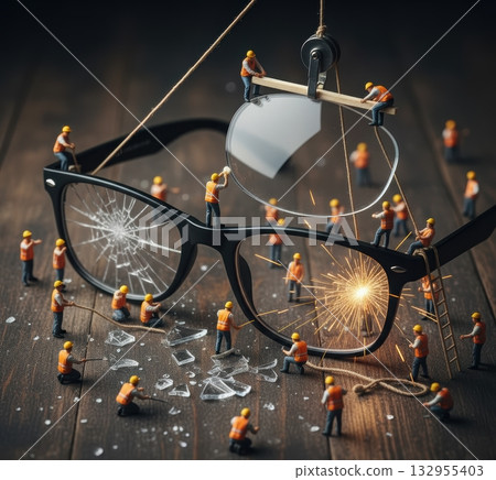 Glasses repair, young builders repair glasses for vision, visually impaired, repair, for banner, for advertising, poor vision 132955403