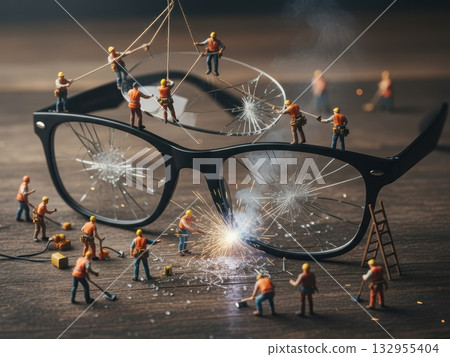 Glasses repair, young builders repair glasses for vision, visually impaired, repair, for banner, for advertising, poor vision 132955404