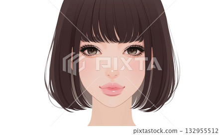 Illustration of a refined and natural woman's face with bob hair, copy space included (AI generated image) 132955512
