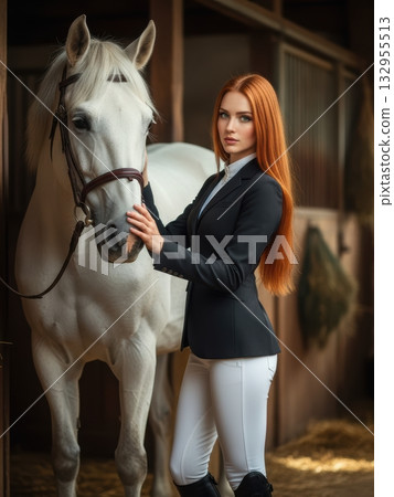 Young equestrian rider petting her horse outdoors. Woman lovely caress horse, well groomed equipped inside a stable. 132955513