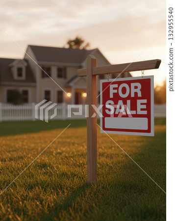 For Sale Sign on a Lawn in Front of a Modern House with Traditional Design. Real Estate Property, Mortgage, Housing Market and Home Ownership Concept. 132955540